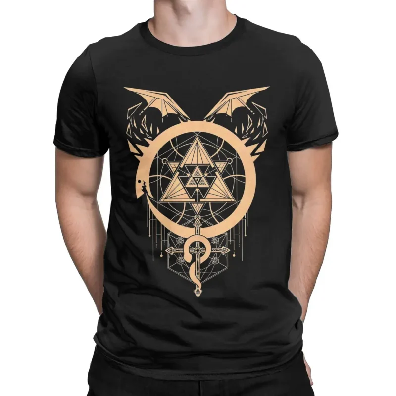 Camiseta masculina de alquimista de metal puro, cobras douradas de alquimia, camiseta vintage, manga curta, gola O, algodão puro