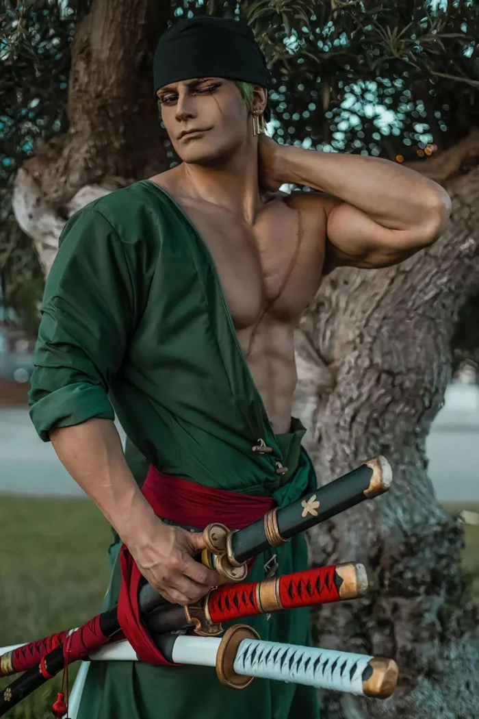 Anime peça pirata cosplay traje roronoa zoro kostum dois anos depois peruca brincos preto verde casaco cinto calças quimono festa terno - Imagem 4