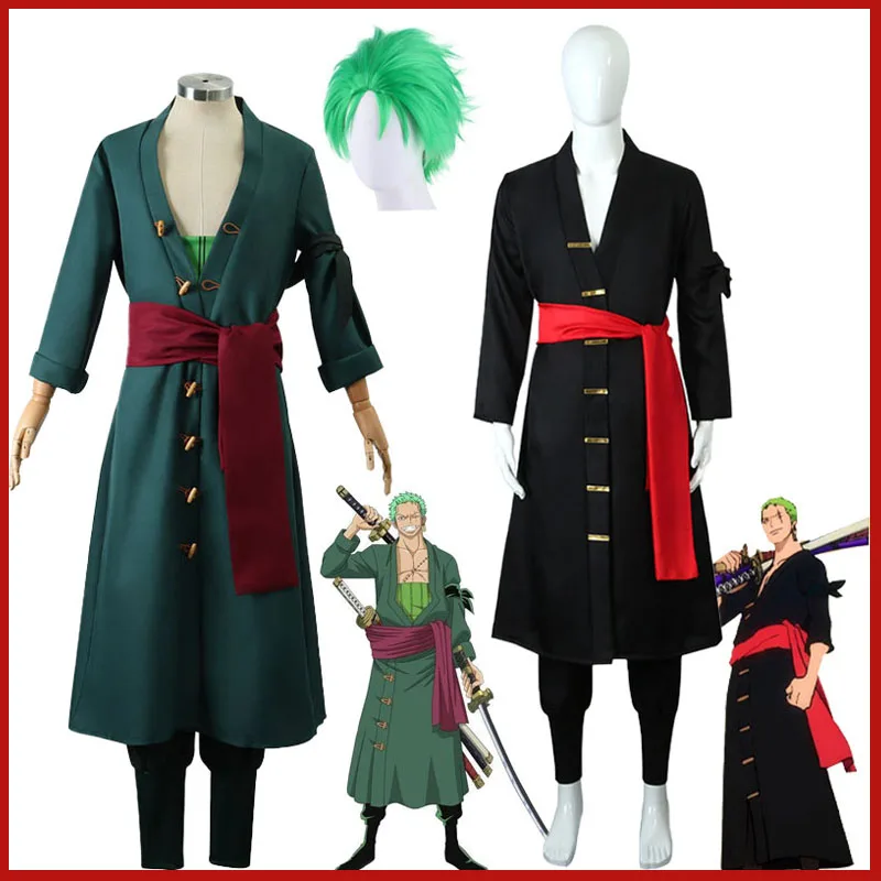 Anime peça pirata cosplay traje roronoa zoro kostum dois anos depois peruca brincos preto verde casaco cinto calças quimono festa terno