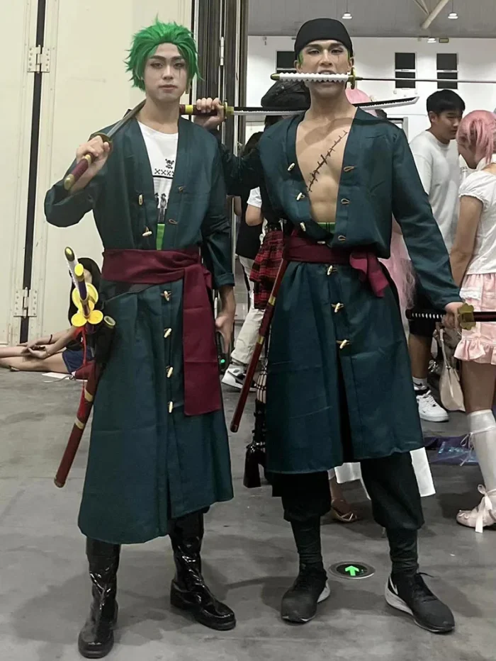 Anime peça pirata cosplay traje roronoa zoro kostum dois anos depois peruca brincos preto verde casaco cinto calças quimono festa terno - Imagem 2