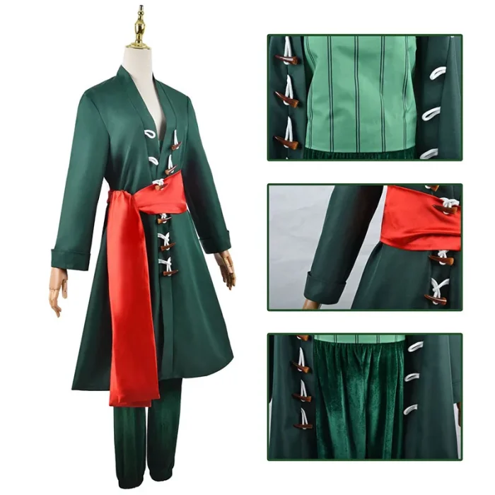 Anime peça pirata cosplay traje roronoa zoro kostum dois anos depois peruca brincos preto verde casaco cinto calças quimono festa terno - Imagem 3